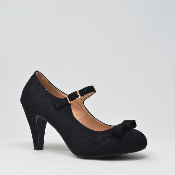 🛍 Women's kimmy Black Faux Suede Bow Retro Heel - Picture 2 of 5